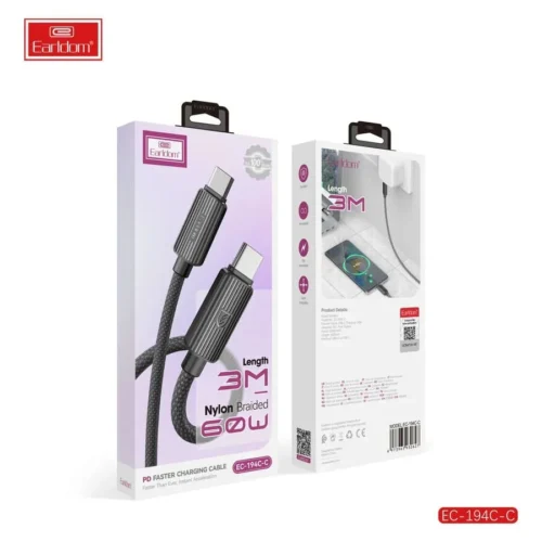 Kabllo Karikimi Earldom EC-194 Type-C në Type-C 60W 3m