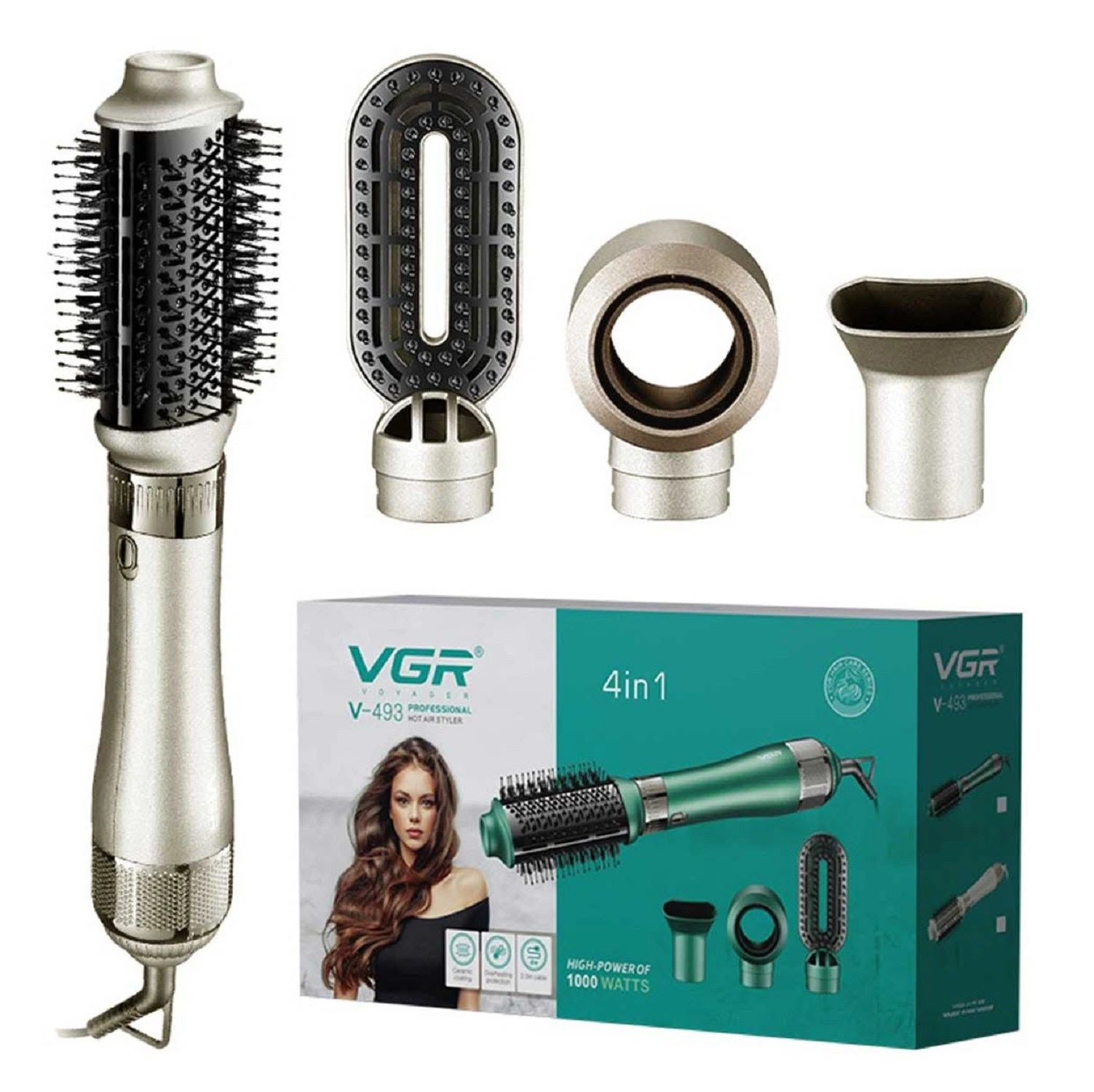 VGR V-493 Hair Dryer Brush 4-in-1 – Hot Air Brush për Tharje, Drejtim, Kaçurrela & Volum me Veshje Keramike