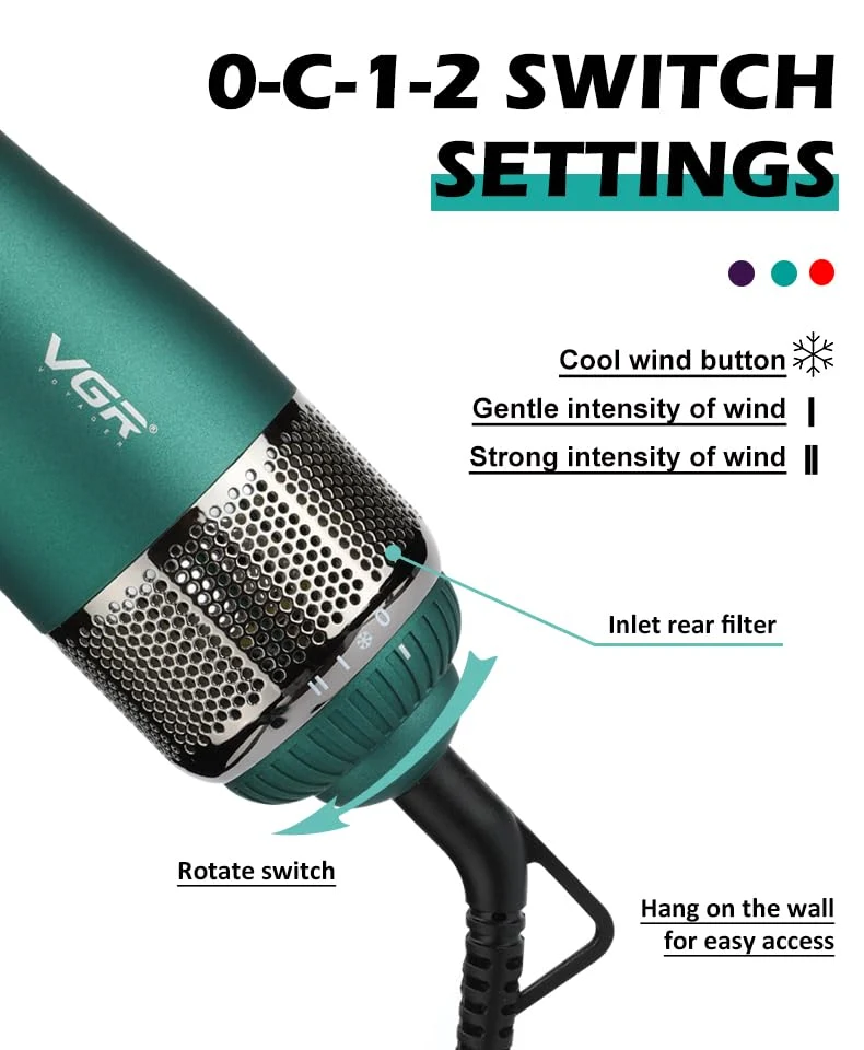 VGR V-493 Hair Dryer Brush 4-in-1 – Hot Air Brush për Tharje, Drejtim, Kaçurrela & Volum me Veshje Keramike